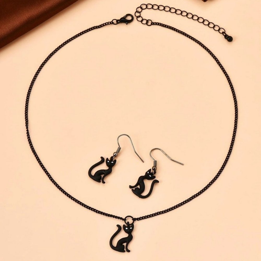 Halloween Black Cat Charm Necklace & Drop Earrings